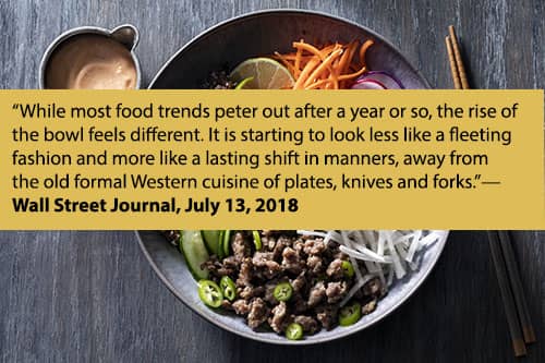 "While most food trends peter out after a year or so, the rise of the bowl feels different. It is starting to look less like a fleeting fashion and more like a lasting shift in manners, away from the old formal Western cuisine of plates, knives and forks." - Wall Street Journal, July 13, 2018